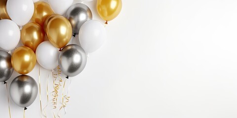 Wall Mural - Silver-golden balloons on white background copy space 