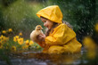 Little cute girl in a yellow raincoat plays with a duckling in the rain