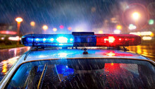 Closeup of red and blue flashing lights on top of police patrol car, in a city street at night in the rain of a thunderstorm. Generative Ai.