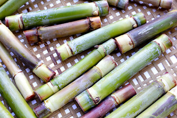 Wall Mural - Fresh sugar cane on bamboo weave plate