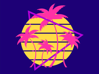 Wall Mural - 80s palm trees at sunset. Summer time. Retro futuristic sun. Synthwave and retrowave style. Design for advertising brochures, banners and posters. Vector illustration
