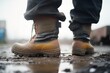 close-up of heavy boots on wet ground, storm in back