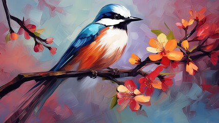 Wall Mural - oil painting style illustration, beautiful blue song bird perched on flower blossom branch ,cute and adorable wildlife, idea for wall art decor and background wallpaper, Generative Ai