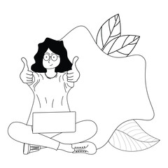 Wall Mural - black and white illustration of a woman in front of a laptop raising two thumbs up