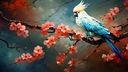 Wall Mural - oil painting style illustration, cockatoo bird on flower blossom branch ,cute and adorable wildlife, idea for wall art decor and background wallpaper, Generative Ai