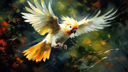 Wall Mural - oil painting style illustration, parrot bird flying in jungle ,cute and adorable wildlife, idea for wall art decor and background wallpaper, Generative Ai