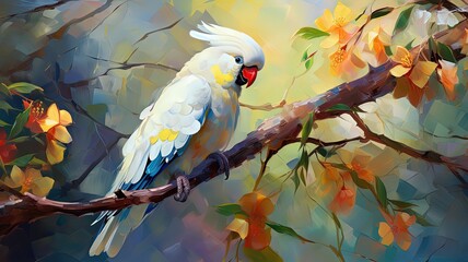 Wall Mural - oil painting style illustration, cockatoo bird in tropical jungle ,cute and adorable wildlife, idea for wall art decor and background wallpaper, Generative Ai