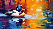 Oil Painting Style Illustration, Wild Duck Swimming In Pond ,cute And Adorable Wildlife, Idea For Wall Art Decor And Background Wallpaper, Generative Ai