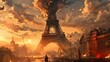 An Anime Artistry of Post-Apocalyptic Sunset Skyline: Eiffel Tower's Anime Resilience in a Post-Apocalyptic World