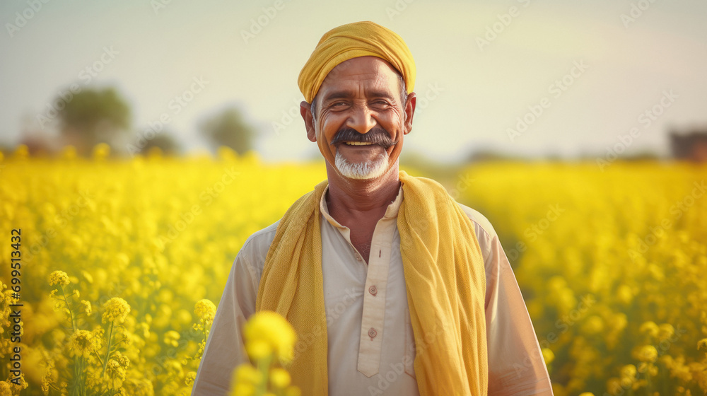 Happy indian farmer standing at mustard field Stock Photo | Adobe Stock