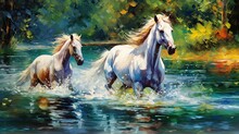 Oil Painting Style Illustration, White Horse Galloping In Shallow Water With Water Splash ,cute And Adorable Wildlife, Idea For Wall Art Decor And Background Wallpaper, Generative Ai