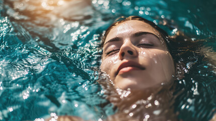 Portrait of a young brunette woman relaxing with her eyes closed underwater in a swimming pool in summer. Top view of a female face in the water.