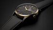 close up of elegant wrist watch in black and gold  