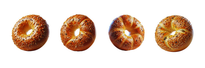 Wall Mural - Set of Fresh breakfast bread bagel roll with seeds, isolated over on transparent white background.