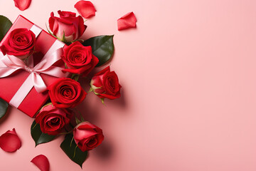 valentines day, mother day, red gift box with red rose flower on pink background top view, with empty copy space