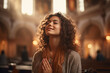 Christian Woman in Prayer. Deep Spiritual Connection in a Church Setting