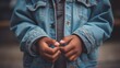The hands of a rough African American boy wearing a denim jacket reach out and beg for alms.