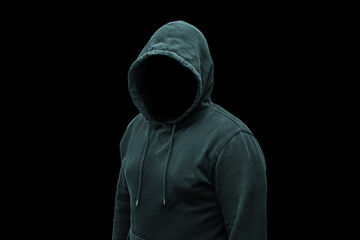 Mysterious faceless hooded anonymous criminal, silhouette of computer hacker, cyber terrorist or gangster on black background