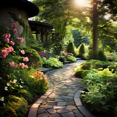 Wall Mural - A peaceful garden with a stone pathway.