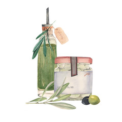 Wall Mural - Composition with bottle of olive oil and jar of green olives