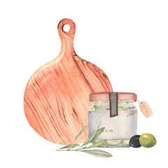 Wall Mural - Watercolor illustration with glass jar of olives and wood cutting board