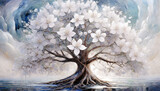 Fototapeta Kwiaty - Tło w białe kwiaty na drzewie, ozdoba wnętrza	