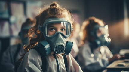 Cute little girl in respirator looking at camera during science class