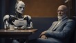 Man interviewing a robot. Human and robot sitting at job interview. Man working with a robot.