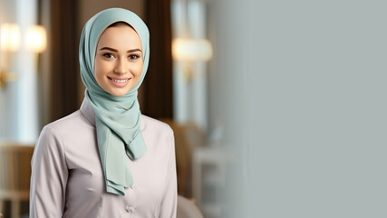 Arab Hijab woman in hotel staff uniform isolated on pastel background