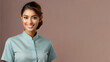 Indian woman in hotel staff uniform smile isolated on pastel background