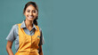 Indian woman in retail worker uniform smile isolated on pastel background