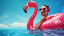 Woman With Sunglasses, Lying On A Pink Flamingo - Shaped Buoy In A Swimming Pool With A Blue Background