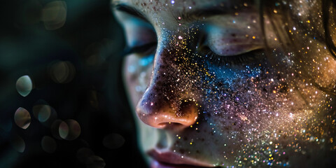 Wall Mural - portrait in a dream state, face partially merging with the milky way galaxy, stars glittering across