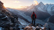 mountain climber at the peak, rugged terrain, dawn light