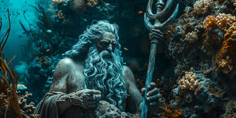 Wall Mural - Poseidon, God of the Sea: Rugged, deep blue eyes, aged with wisdom, white flowing beard, trident in hand, underwater throne of coral and pearl