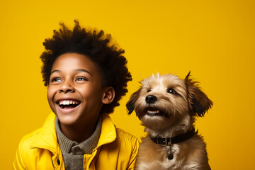 Poster - Young boy and dog are smiling for the camera while standing in front of yellow background.