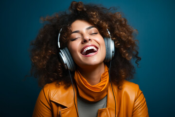 Poster - Woman with headphones on laughing and wearing leather jacket.