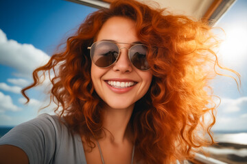 Poster - Woman with red hair and sunglasses smiling at the camera.