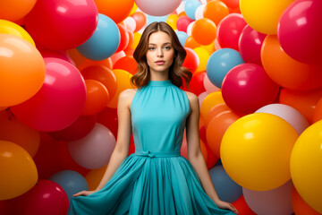 Sticker - Woman in blue dress standing in front of balloons.