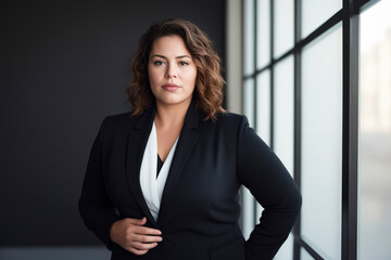 Poster - Woman in black suit and white shirt standing in front of window.