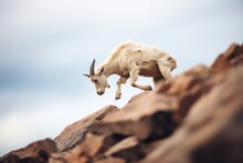 Mountain Goat Climbing Up A Steep, Rocky Incline