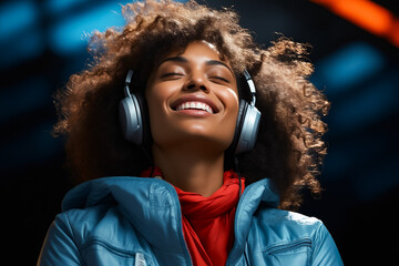 Poster - Woman with headphones on smiling and looking up.