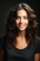 Poster - Woman with long hair smiling at the camera with black background.