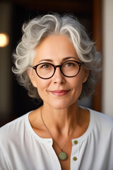 Poster - Woman with glasses and white shirt is smiling.