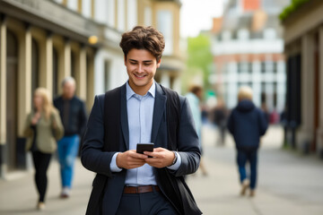 Poster - Man in suit is looking at his cell phone.