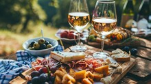 Romantic Picnic Close Up Photo With Wine And Appetizers In A Beautiful Place, Professional Photo, Sharp Focus