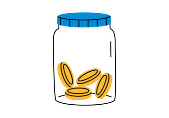 Hand drawn cute cartoon illustration of outline jar with coins. Flat vector moneybox for savings sticker in doodle style. Financial literacy or bank deposit icon or print. Financial cushion. Isolated.