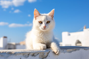 Beautiful white stray cat on building with blue sky in background