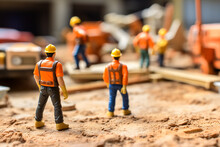 Back View Of Small Construction Worker Figurines With Safety Helmets At Construction Site
