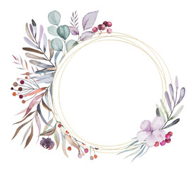 Wall Mural - Round golden frame with Watercolor pastel flowers and leaves, winter wedding illustration